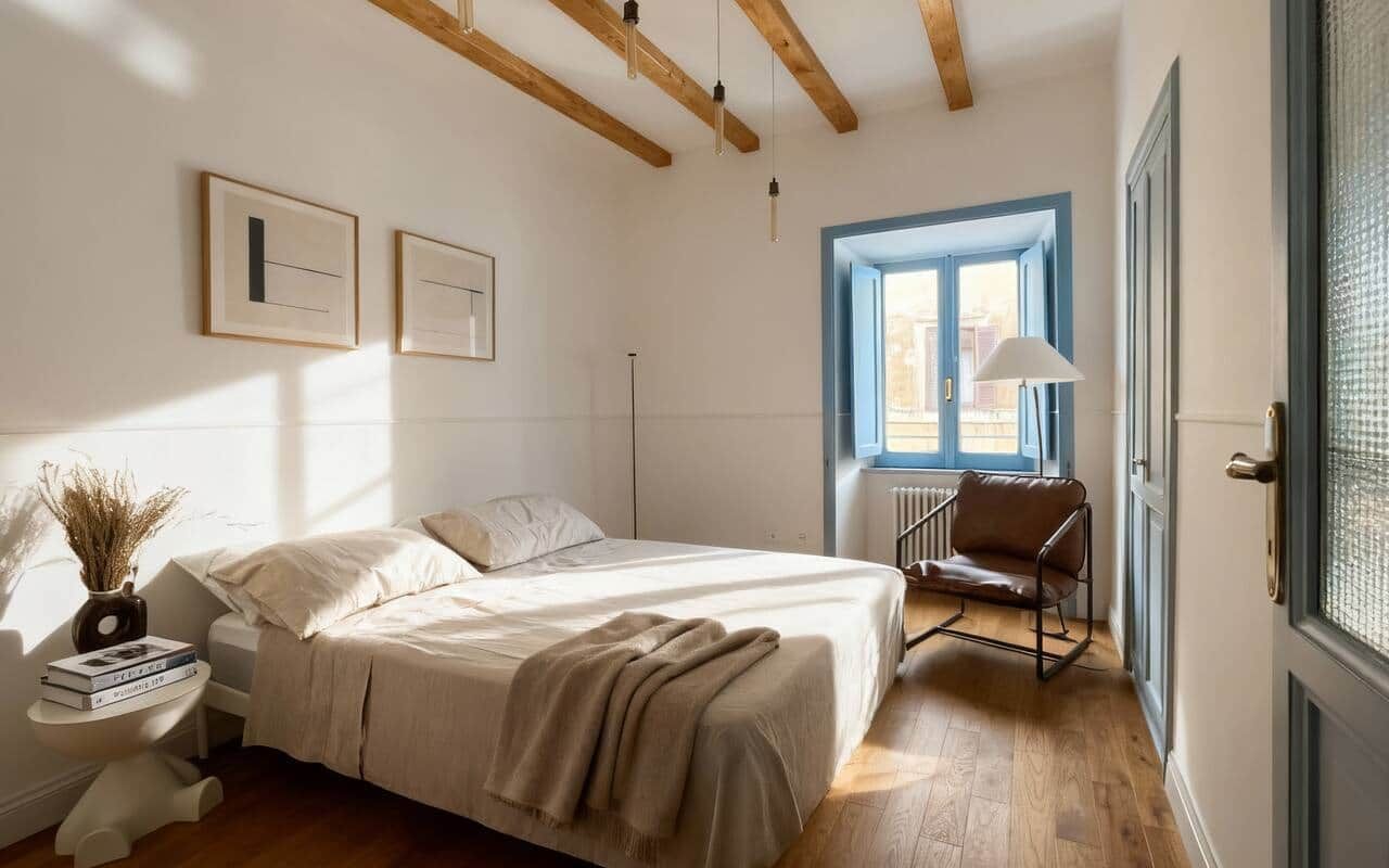 Second bedroom with a queen bed, two framed prints above it, a leather sling chair by the window, and a glazed door onto the hallway