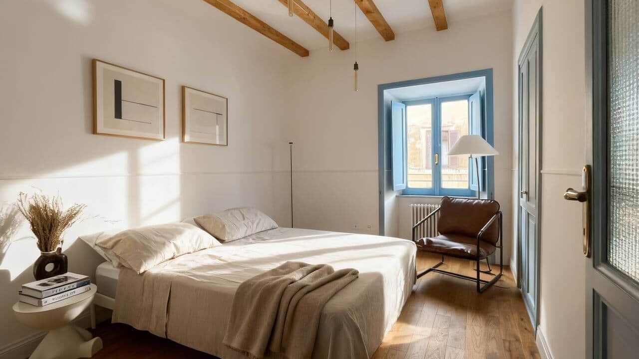 Second bedroom with a queen bed, two framed prints above it, a leather sling chair by the window, and a glazed door onto the hallway